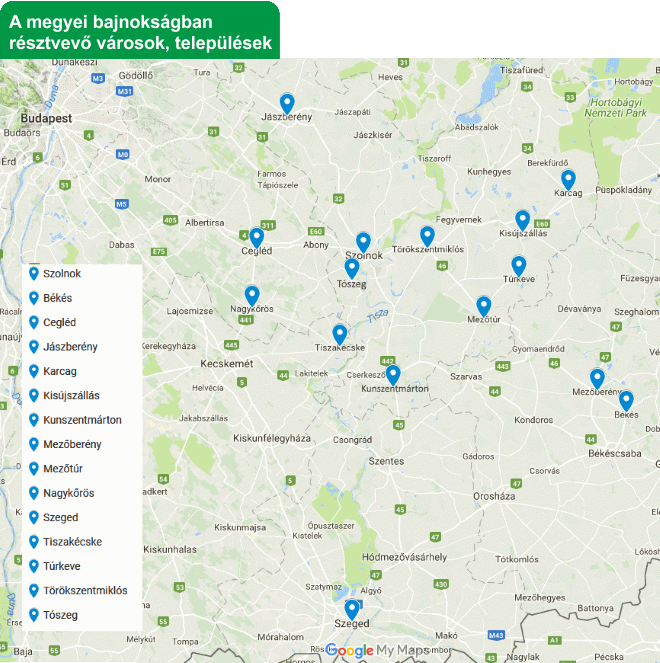 A megyei bajnoks�gban r�sztvev� v�rosok, telep�l�sek