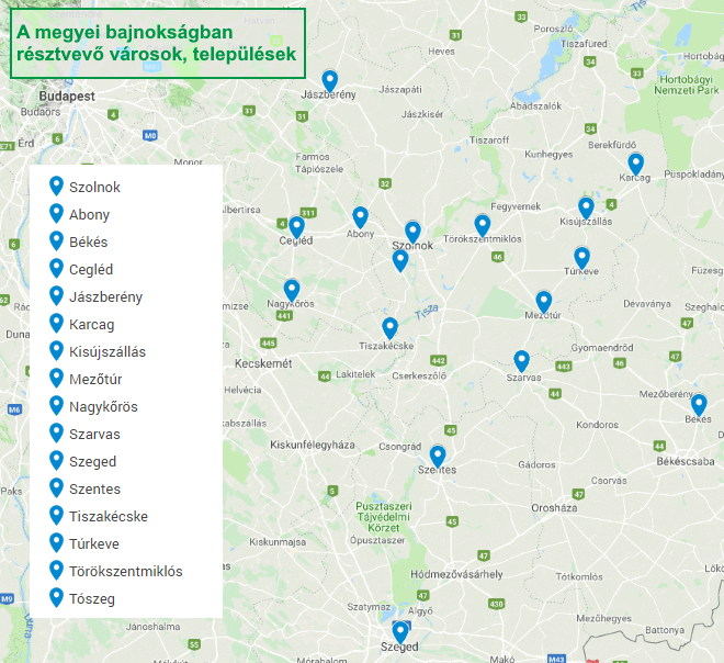 A megyei bajnoks�gban r�sztvev� v�rosok, telep�l�sek