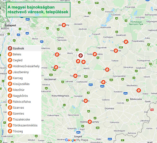 A megyei bajnoks�gban r�sztvev� v�rosok, telep�l�sek