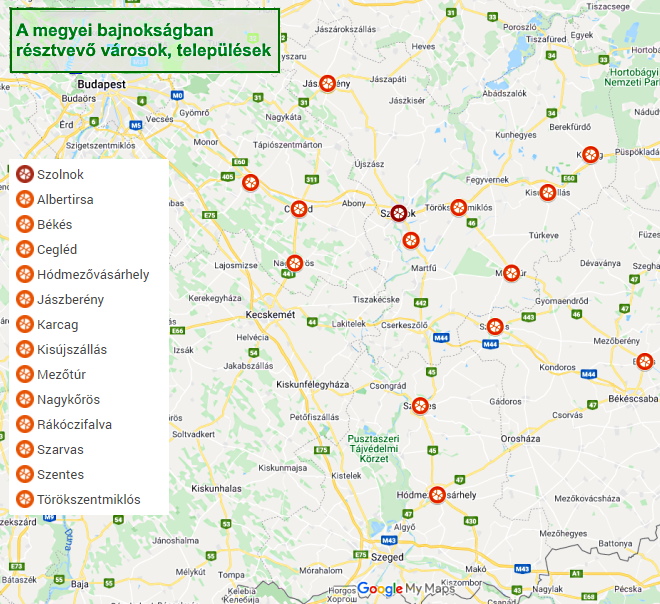 A megyei bajnoks�gban r�sztvev� v�rosok, telep�l�sek